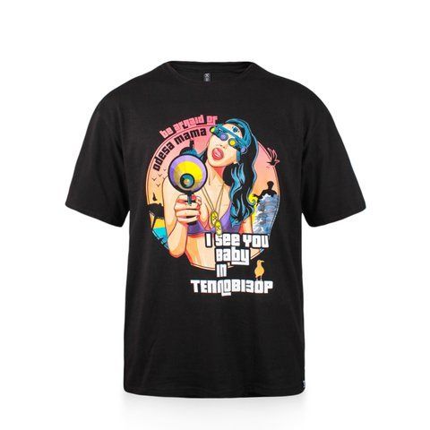 Dubhumans oversized "Odesa Mama with a thermal imager" T-shirt, Black, XS/S